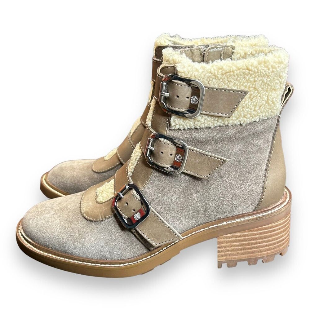 Vince Camuto Klerica Leather and Faux Fur Moto/Hiker Boot Taupe Size‎ 7M